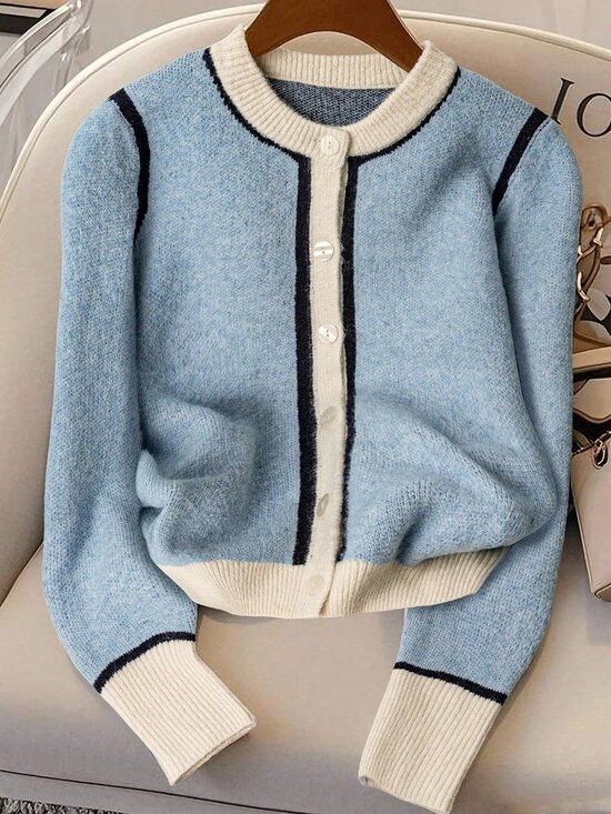 Sweaters - Blue And White Casual Women's Contrast Color Round Neck Cardigan